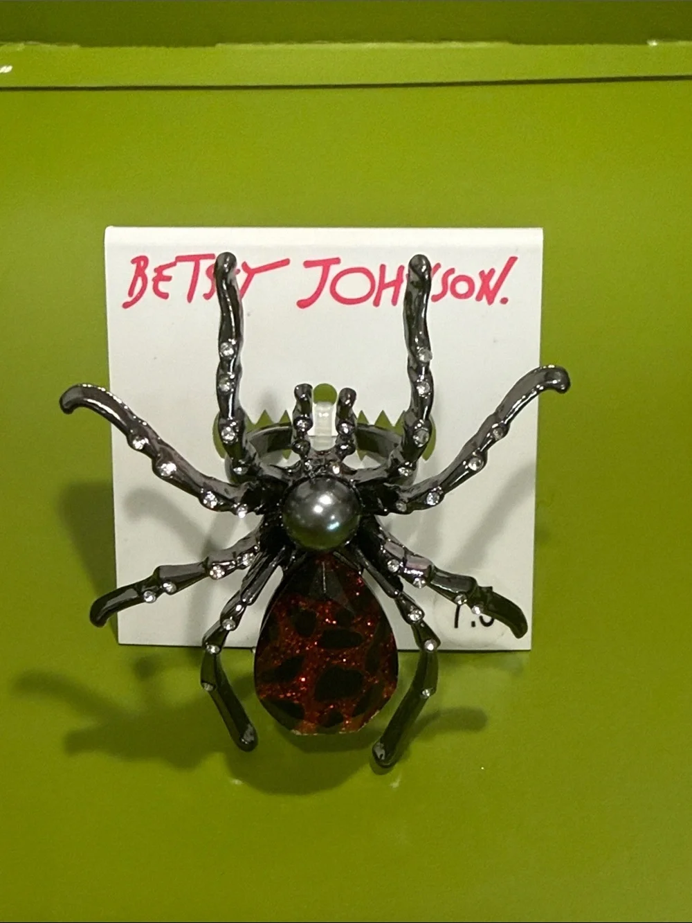 Betsey Johnson Black Spider Ring size 7.5 with Red Glitter Abdomen
